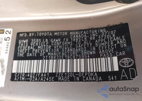 2008 Toyota Corolla Ce z USA, uszkodzony, nr VIN 2T1BR32E18C875954